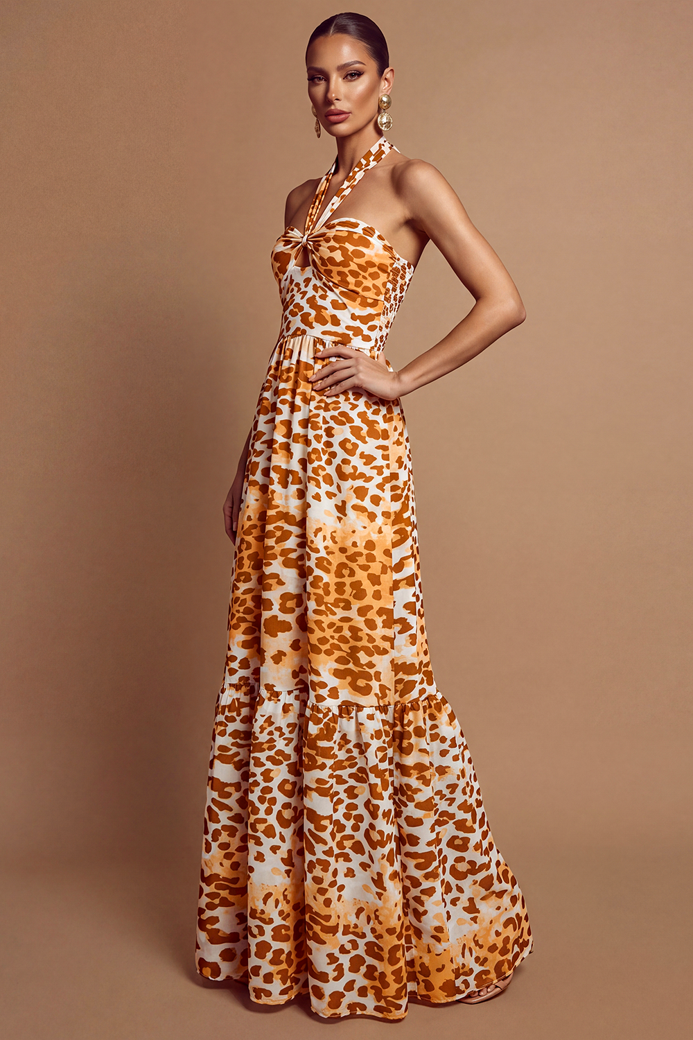 Leopard Print Halter Neck Backless Maxi Dress