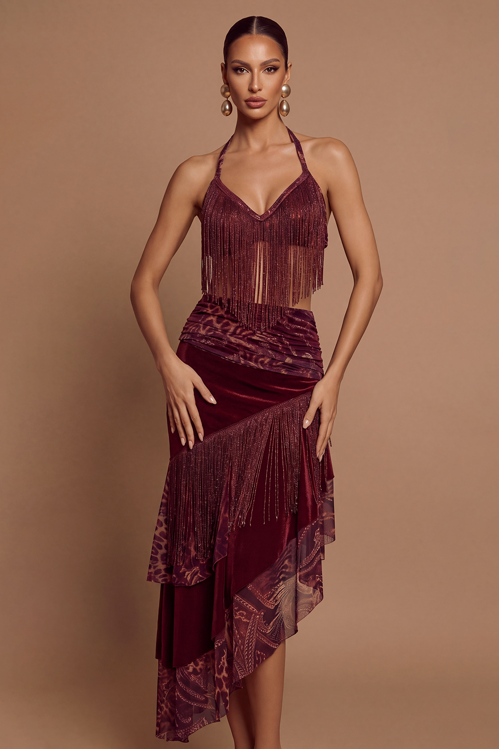 Leopard Print Tassel Top & Low Waist Ruffle Midi Skirt Set