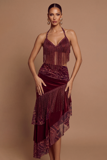 Leopard Print Tassel Top & Low Waist Ruffle Midi Skirt Set