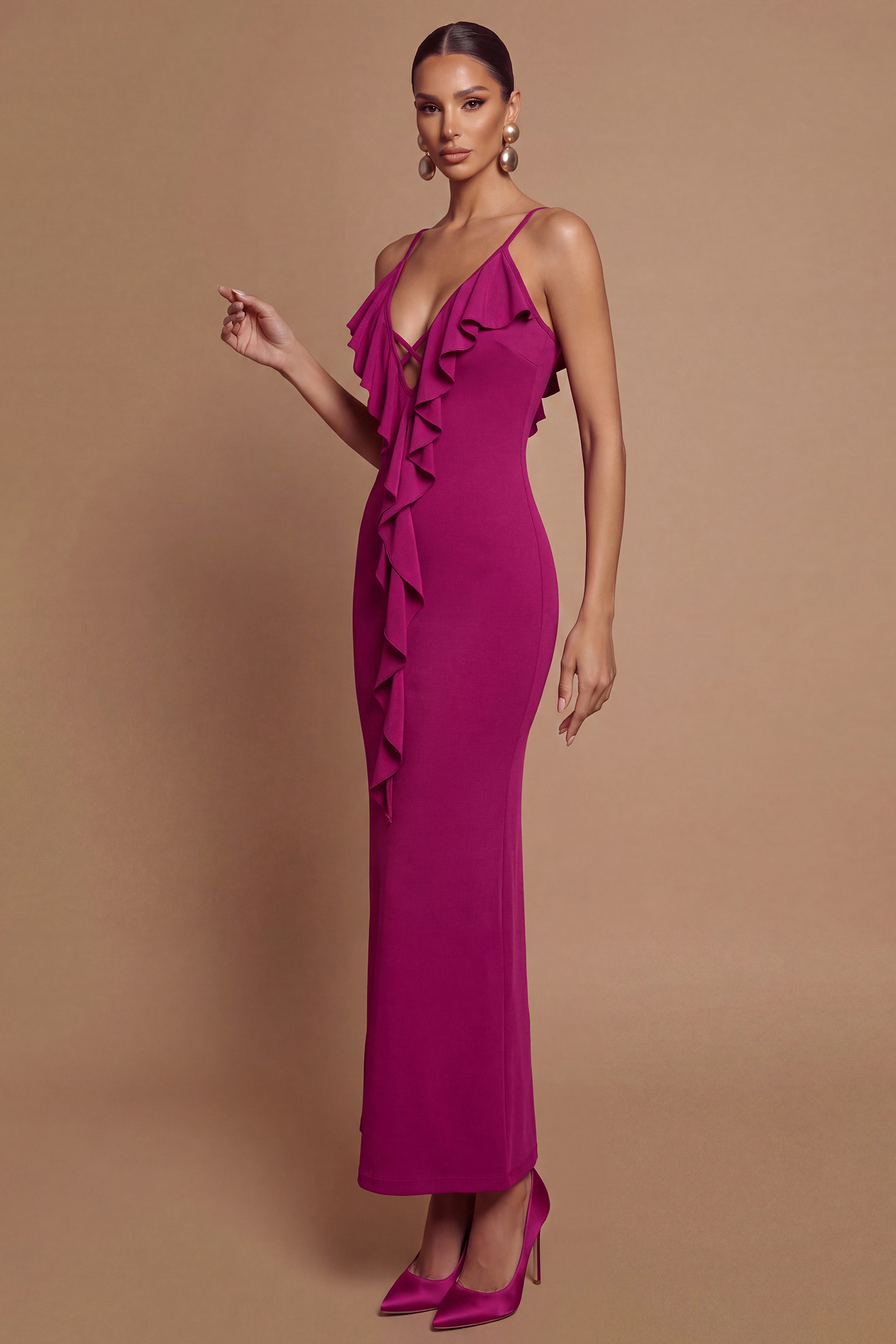 Jersey Ruffle Cut-Out Midi Dress