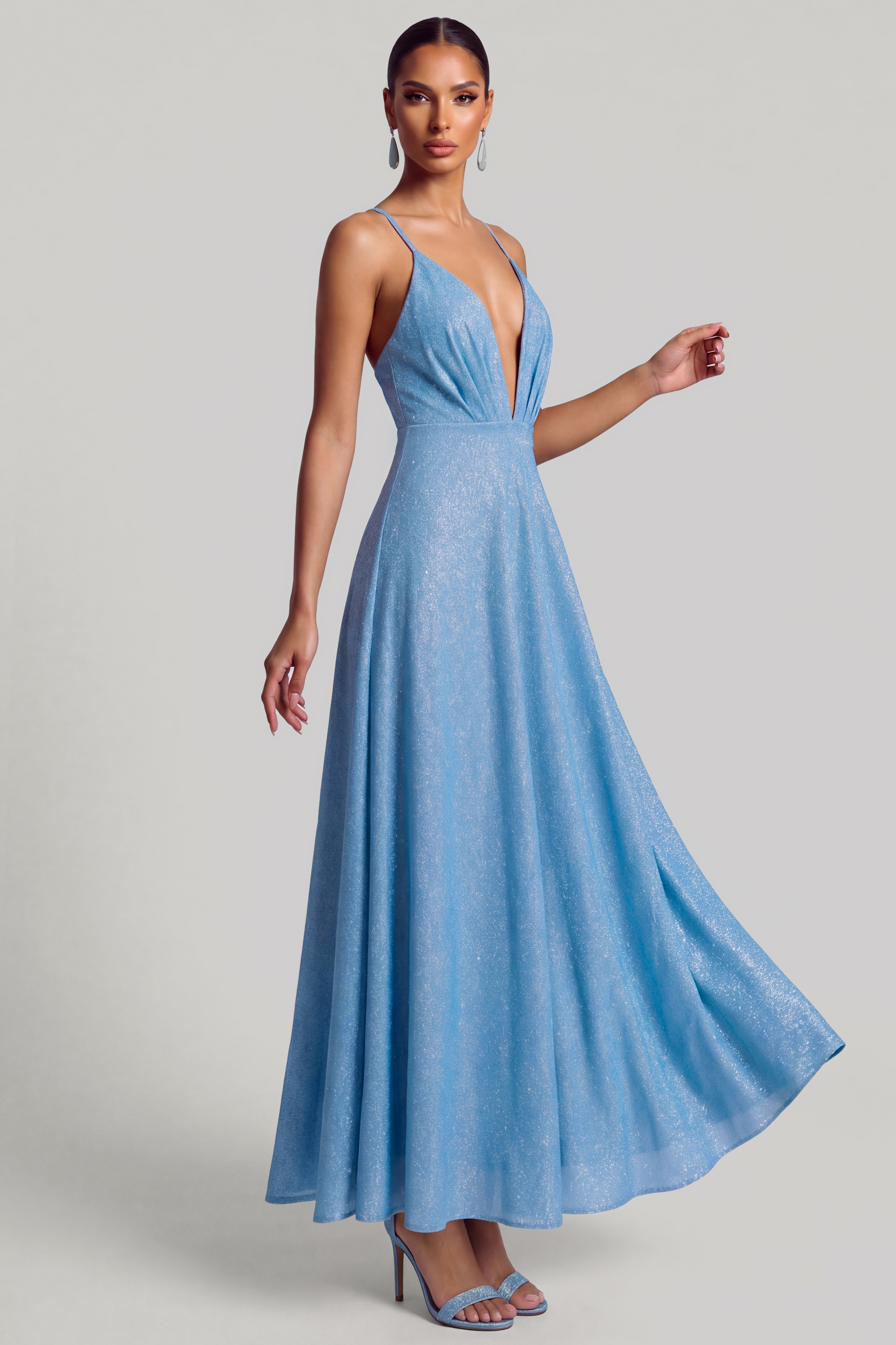 Glitter Deep V Ruched Maxi Dress
