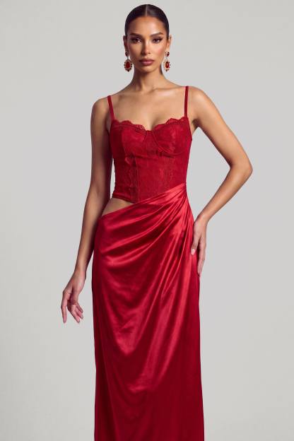 Lace Splicing Satin Slip Midi Dress