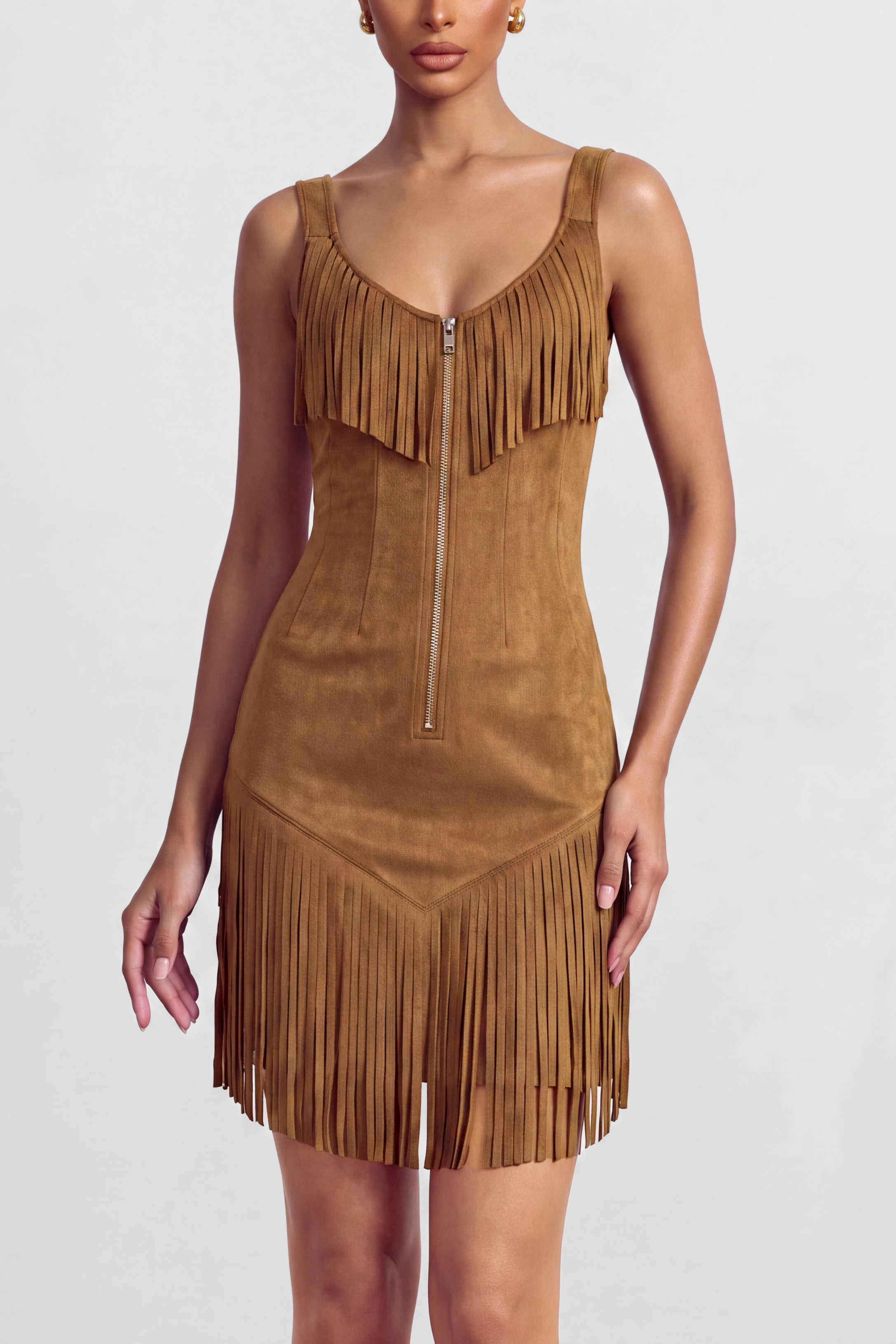Suede Tassel Metal Zipper Mini Dress