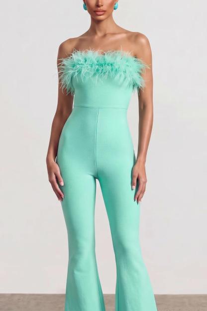 Feather Strapless Flare Jumpsuit