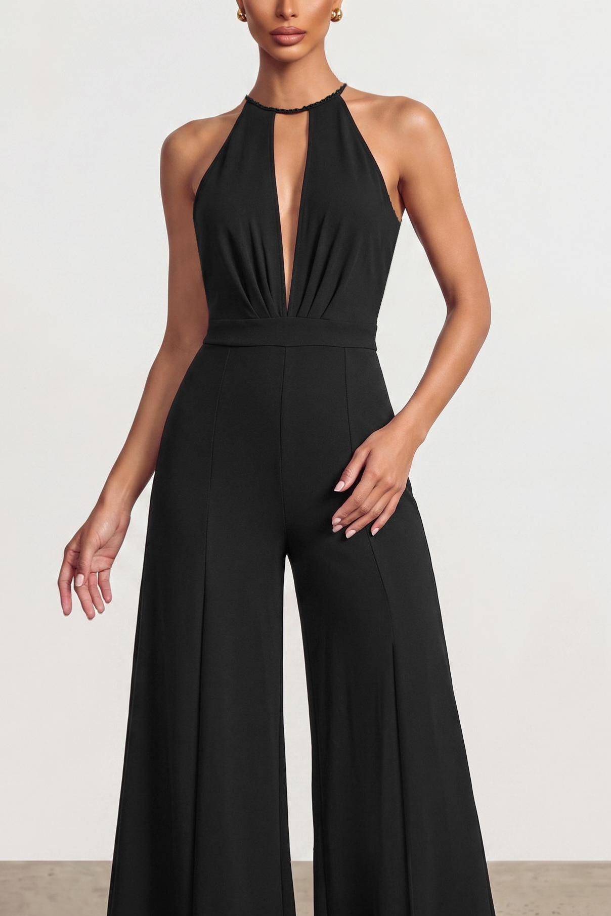 Halter Deep V Split Wide Leg Jumpsuit