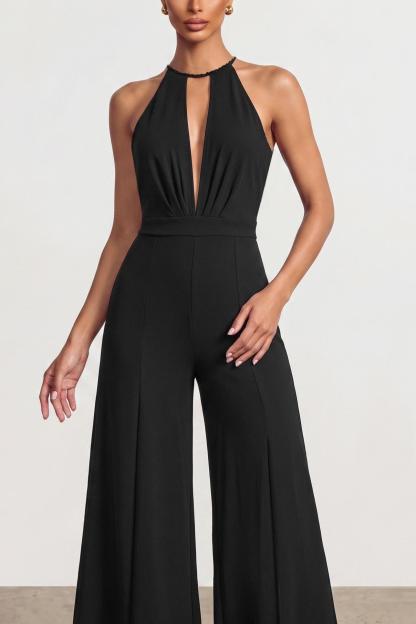 Halter Deep V Split Wide Leg Jumpsuit