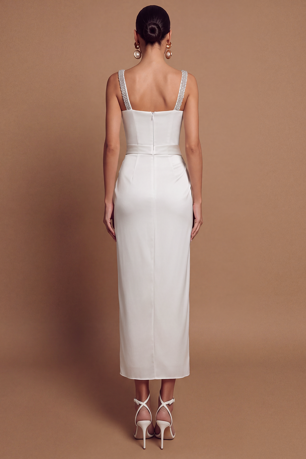 Satin Rhinestone Rivets Square Collar Midi Dress