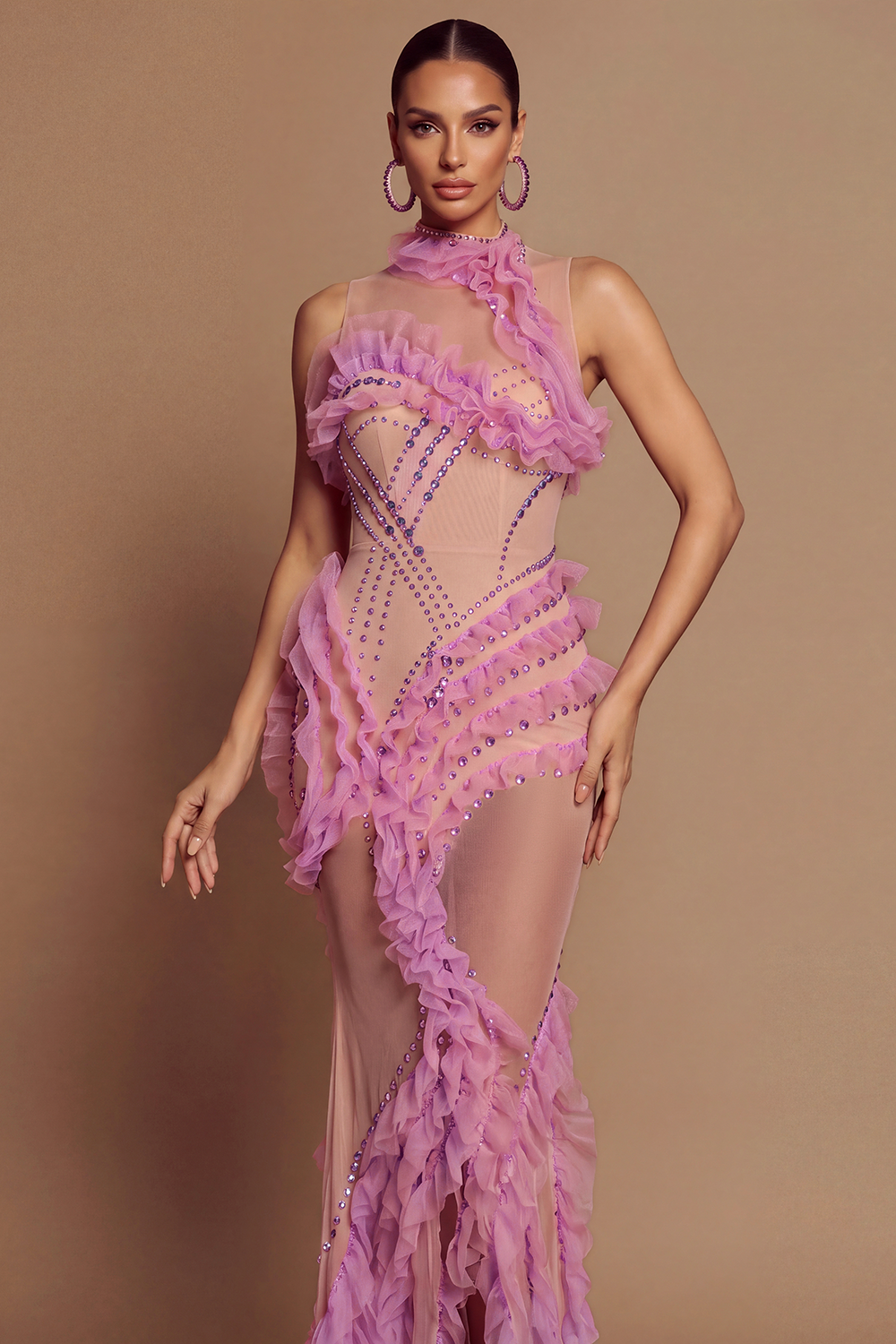Mesh Rhinestone See-Through Maxi Dress