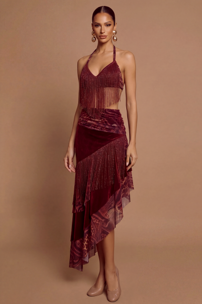 Leopard Print Tassel Top & Low Waist Ruffle Midi Skirt Set
