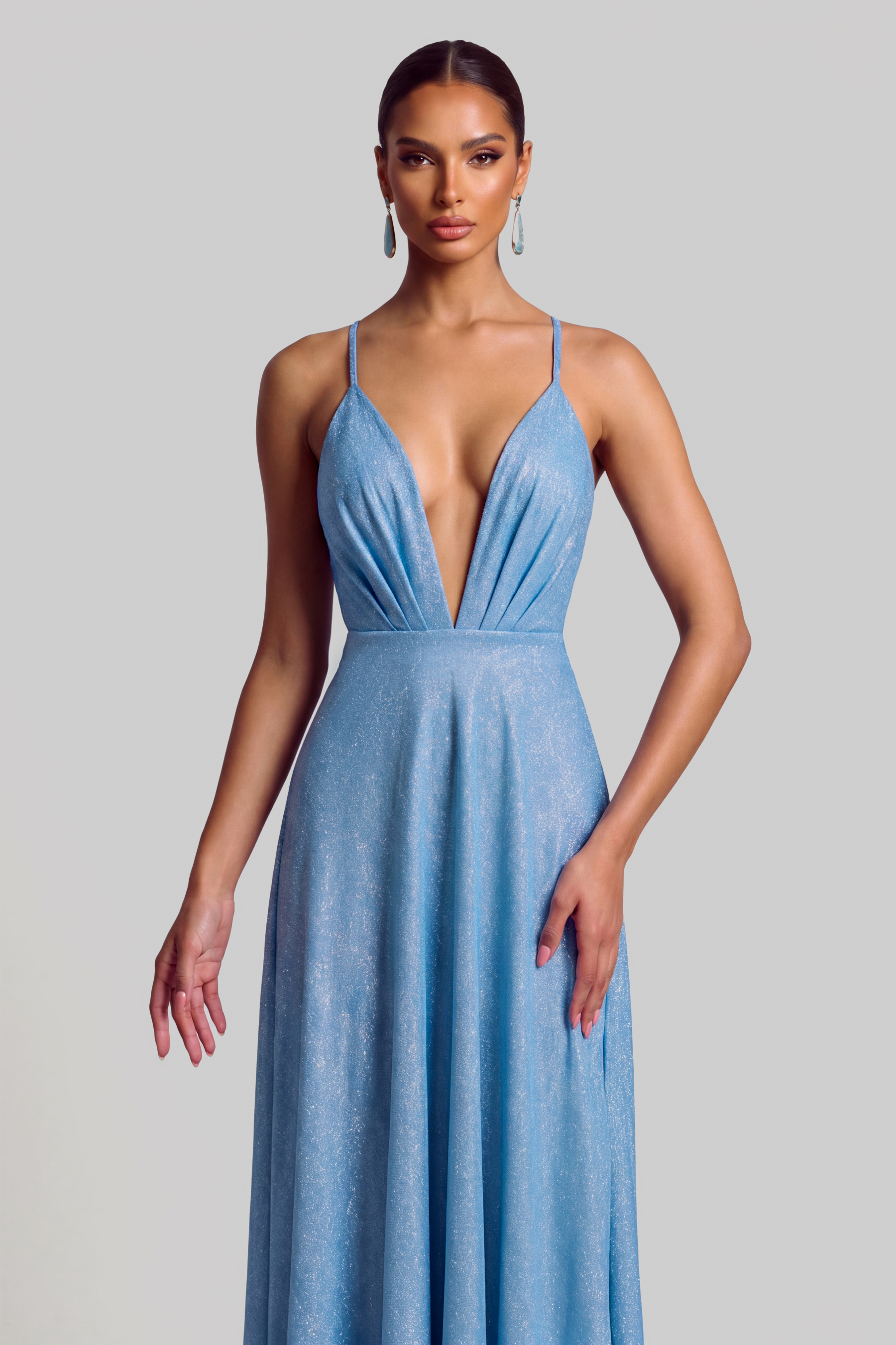 Glitter Deep V Ruched Maxi Dress