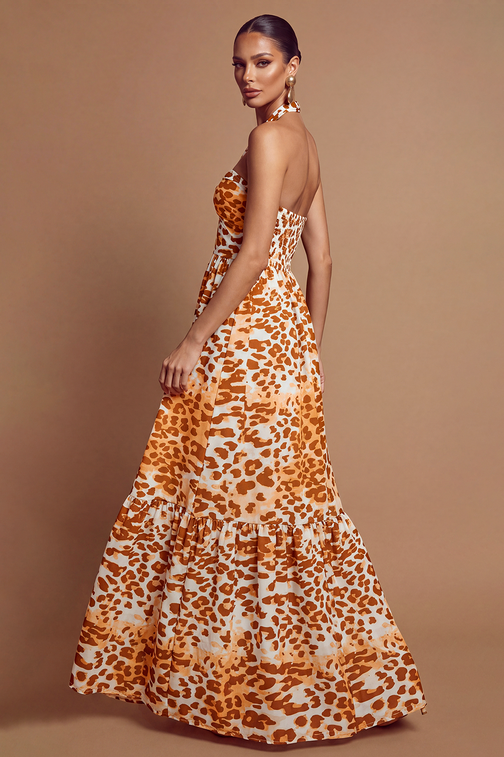 Leopard Print Halter Neck Backless Maxi Dress