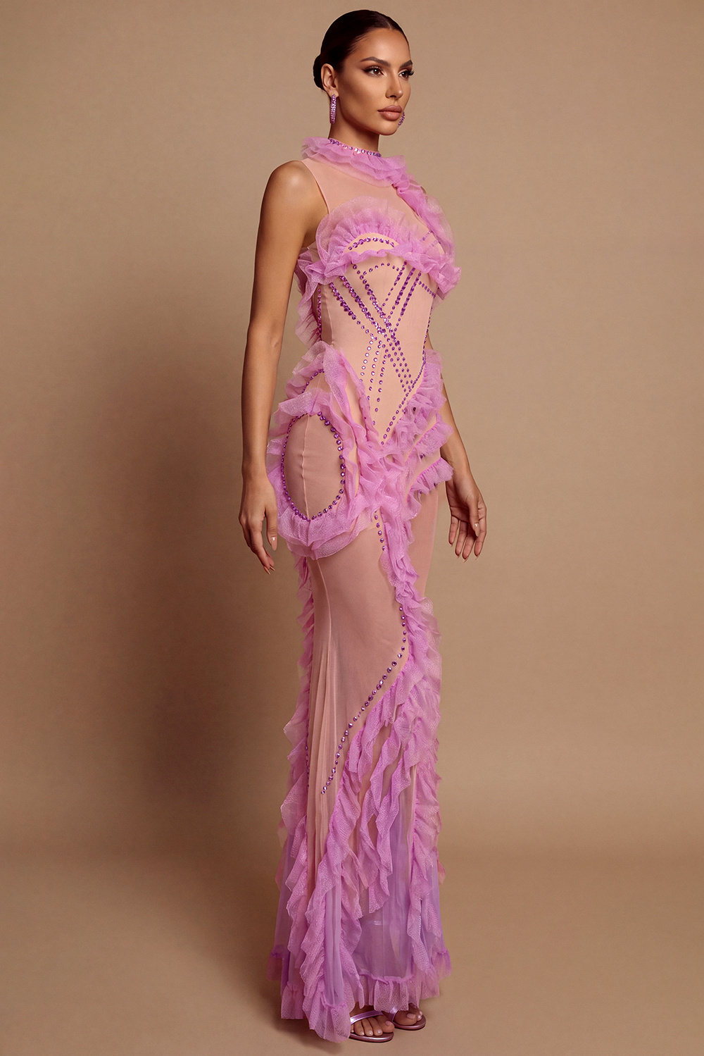 Mesh Rhinestone See-Through Maxi Dress