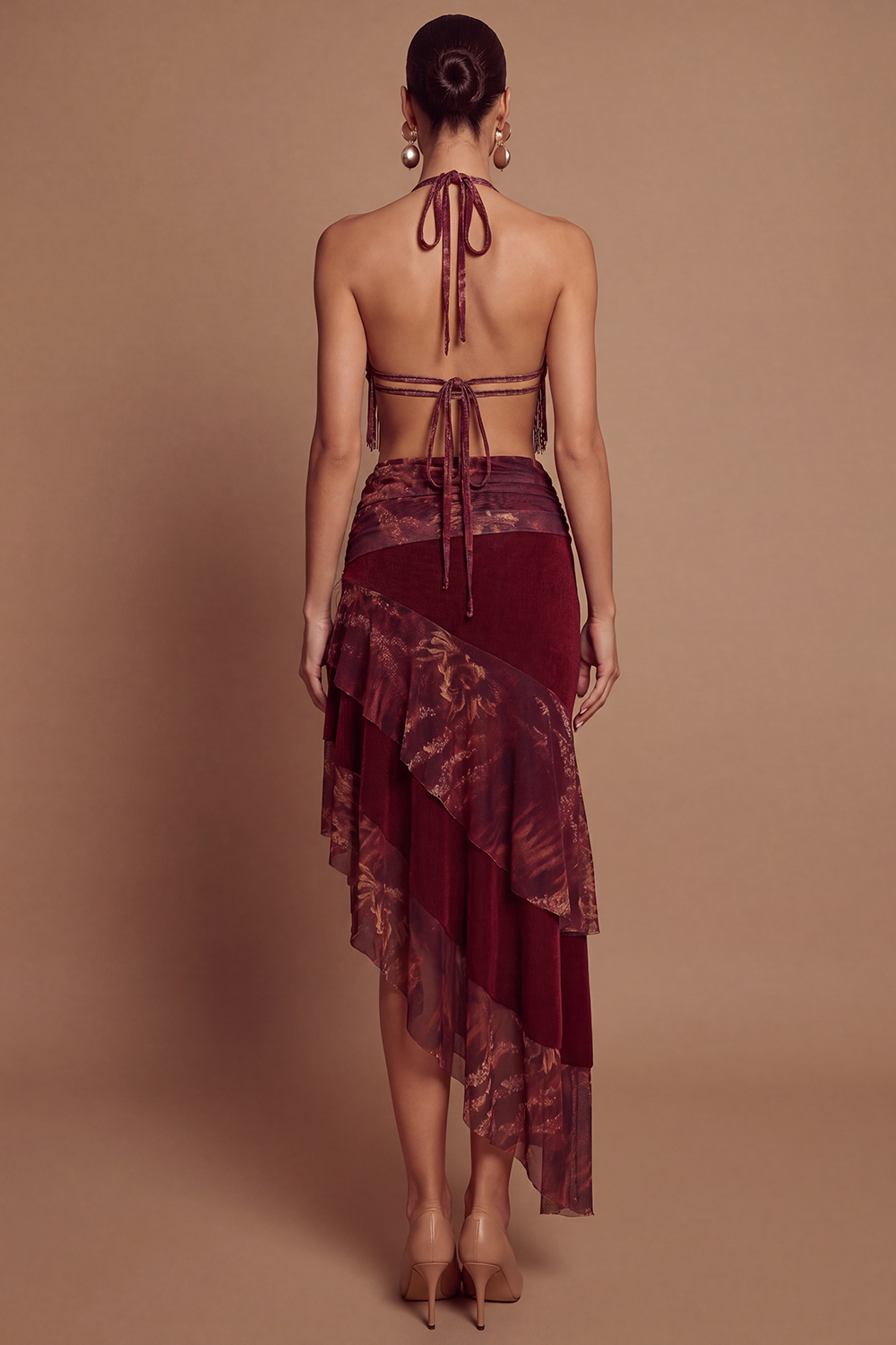 Leopard Print Tassel Top & Low Waist Ruffle Midi Skirt Set