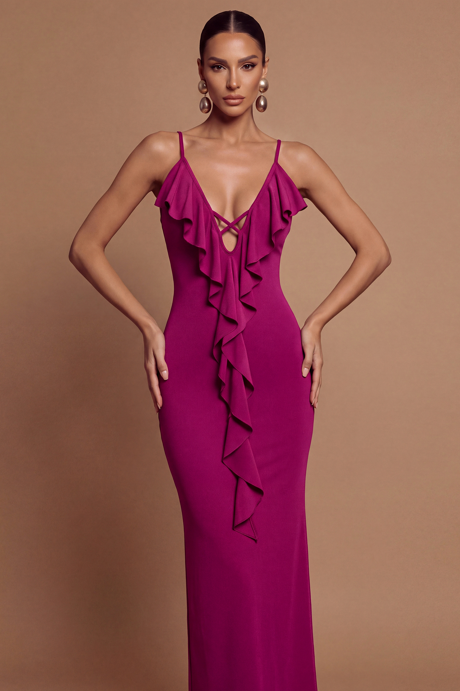 Jersey Ruffle Cut-Out Midi Dress