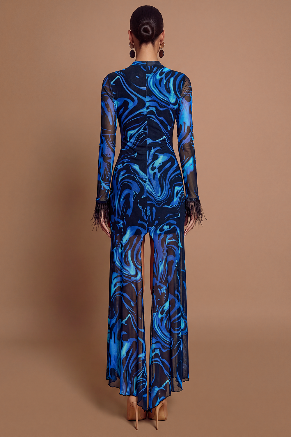 Abstract Print Feather Slit Maxi Dress