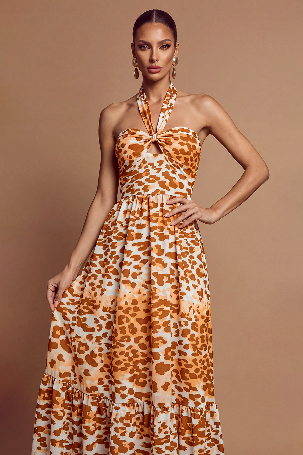Leopard Print Halter Neck Backless Maxi Dress