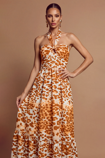 Leopard Print Halter Neck Backless Maxi Dress