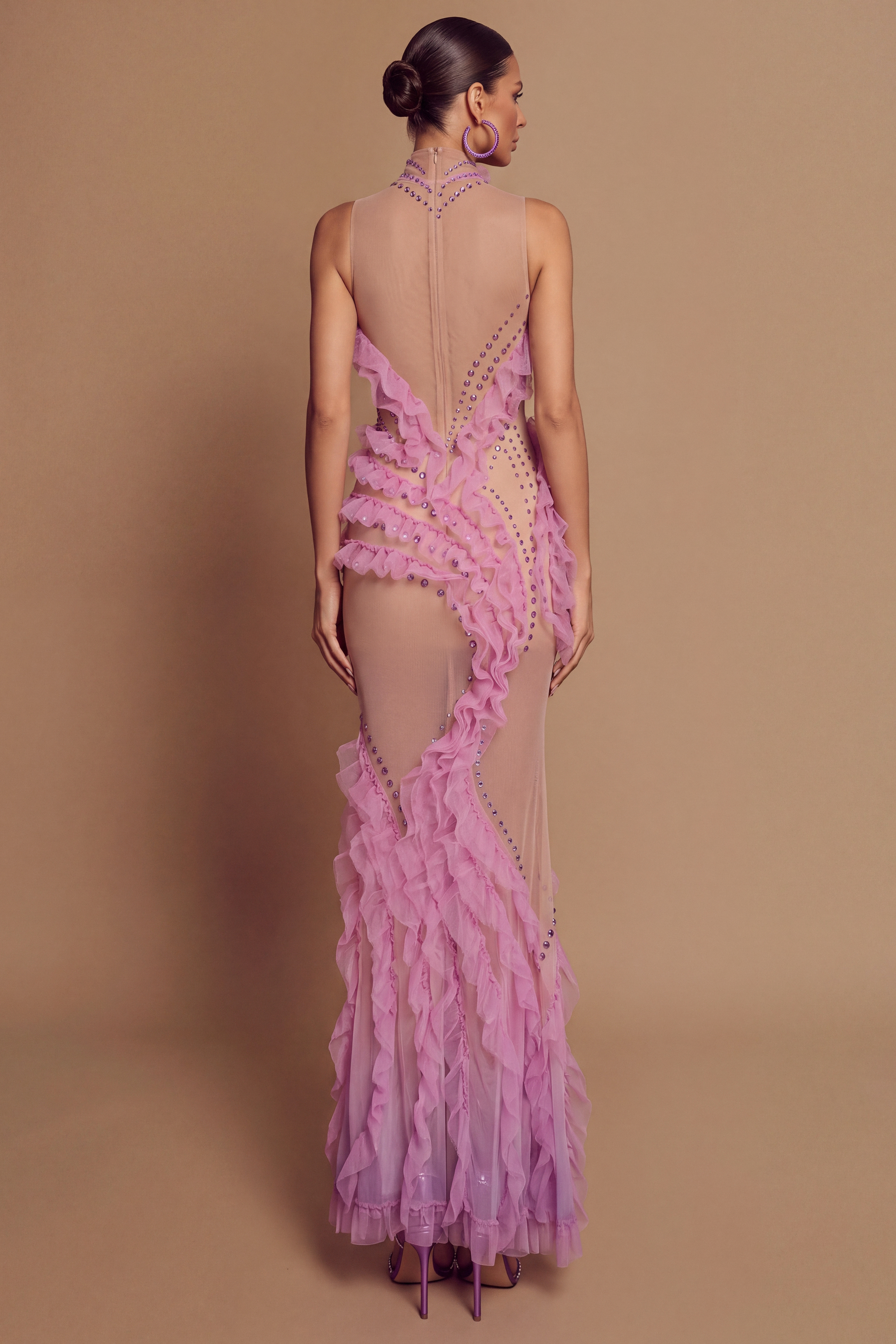 Mesh Rhinestone See-Through Maxi Dress