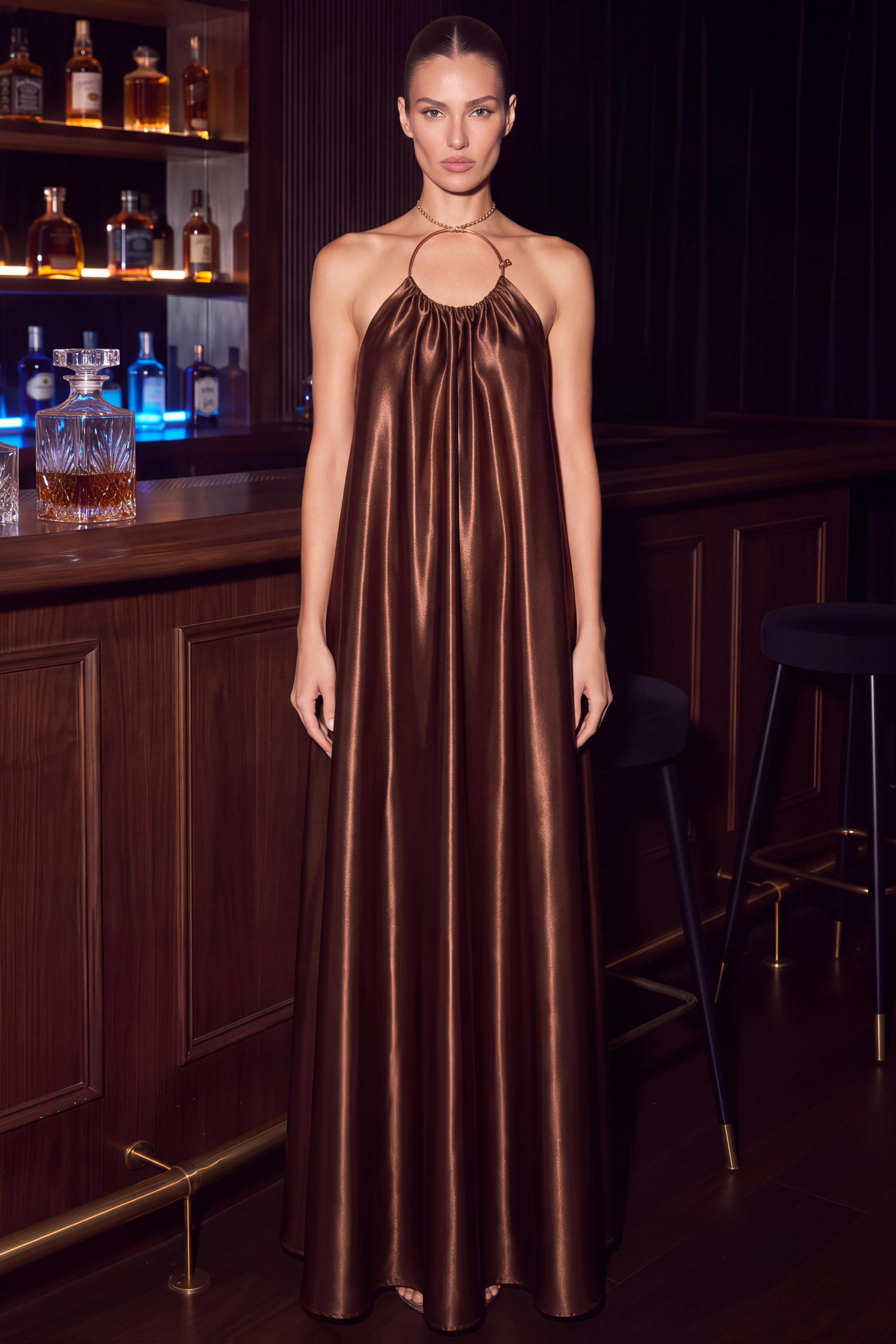 Satin Metal Ring Halter Draped Maxi Dress