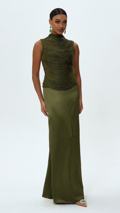 Tassels Sleeveless Top & Satin Low Waist Maxi Skirt Set