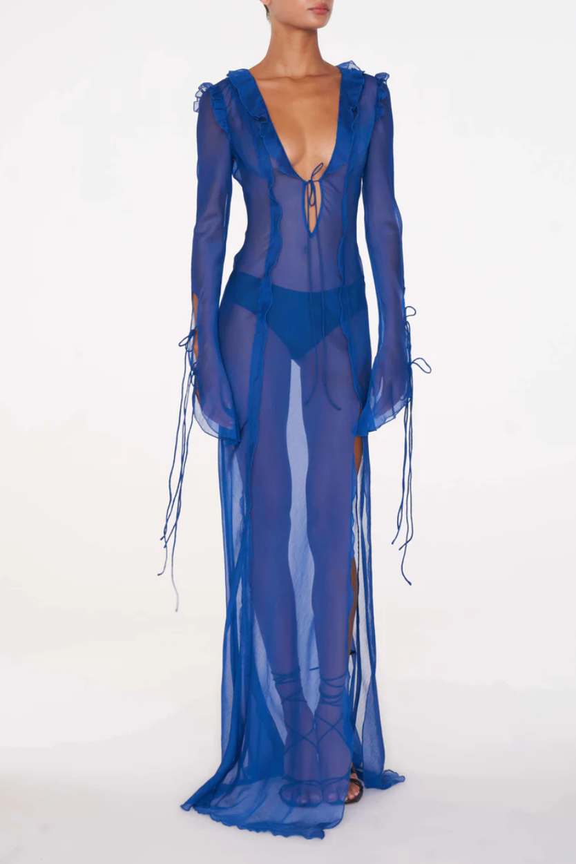 Chiffon See-Through Frill Midi Dress