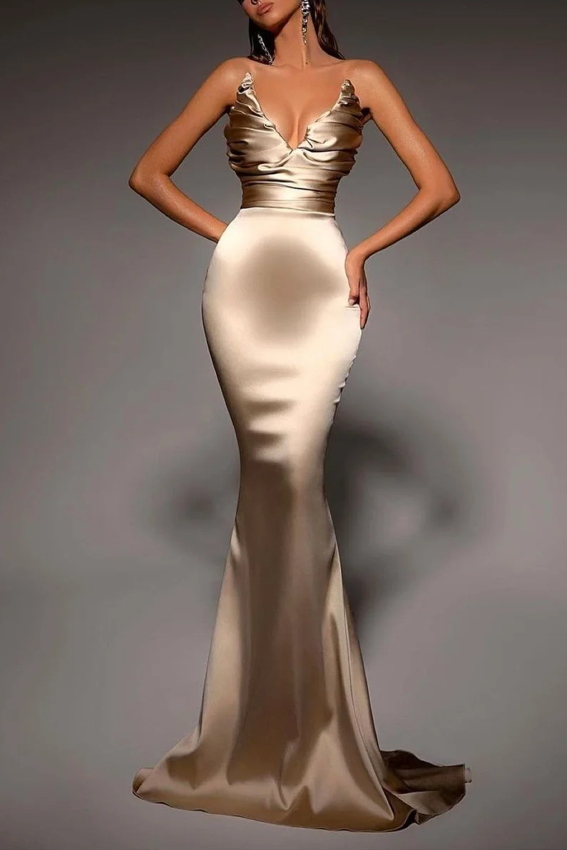 Satin Plunge Gathering Maxi Dress