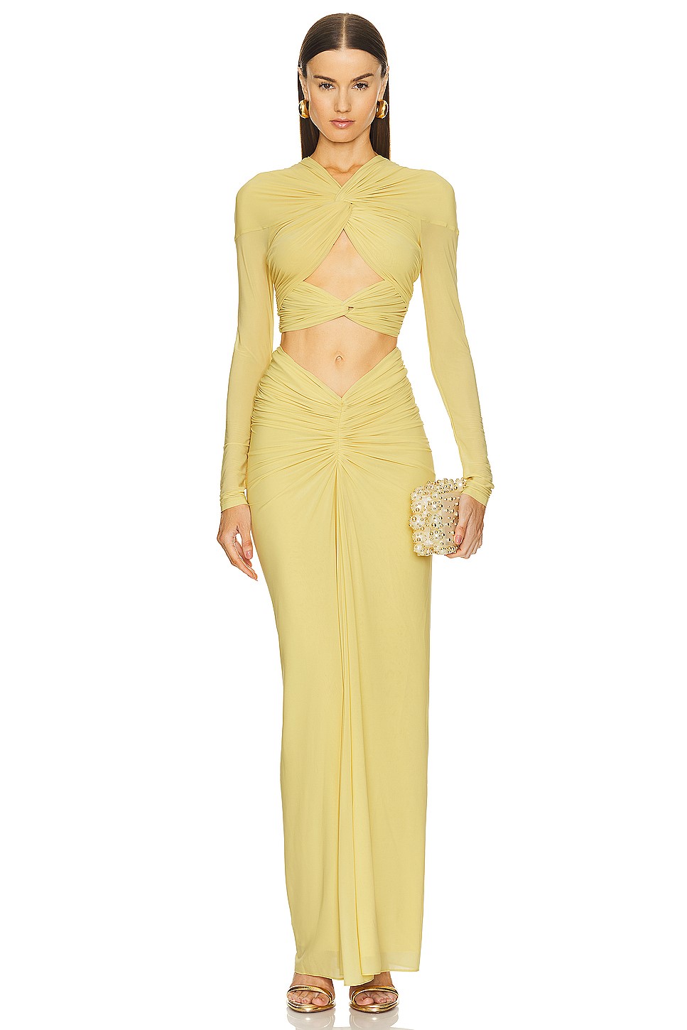 Solid Knotted Long Sleeve Top & Shirring Hight Waist Maxi Skirt Set