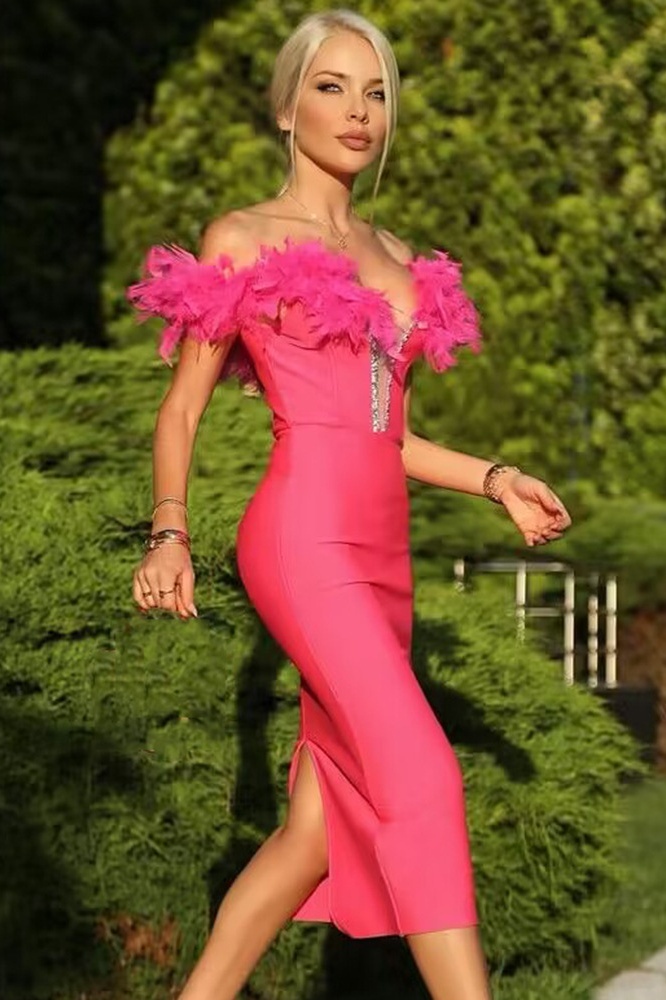 Feather Sweetheart Neckline Midi Dress