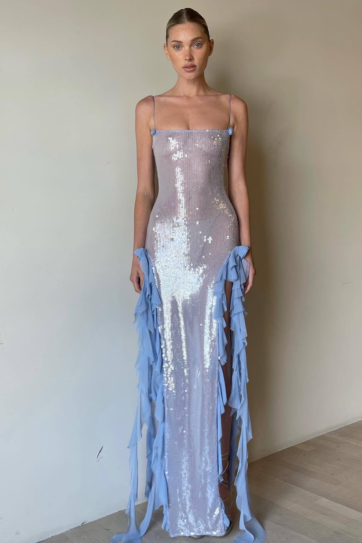 Sequin Backless Frill Split Maxi Dress