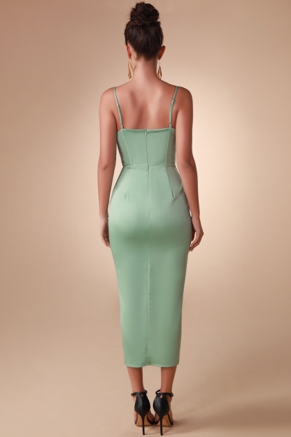 Satin Corset Shirring Split Midi Dress