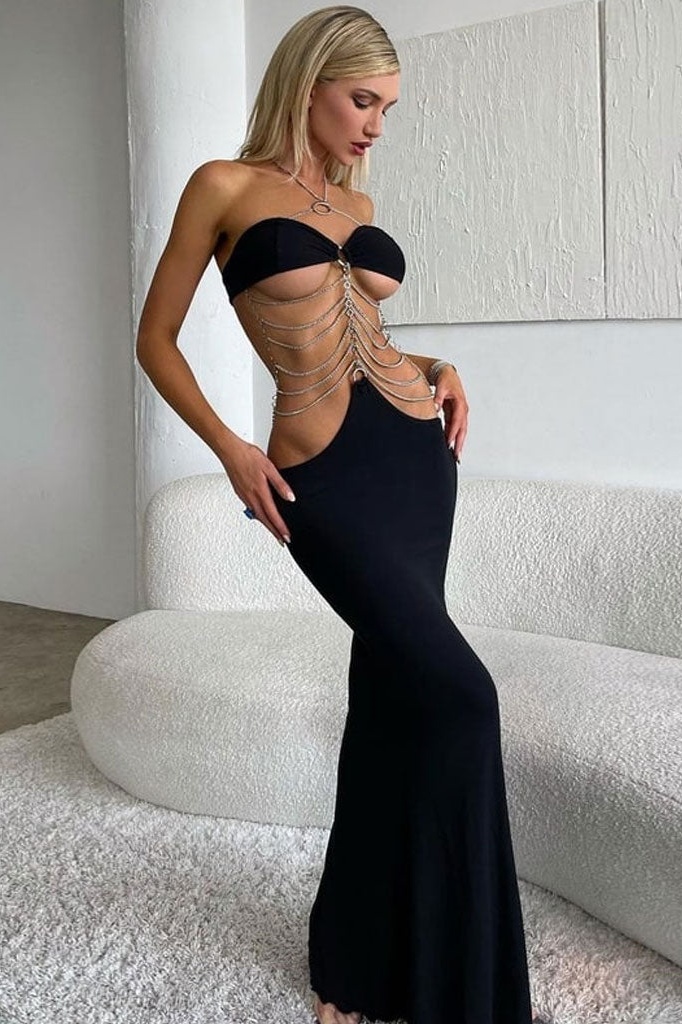 Halter Neck Backless Metal Chains Midi Dress