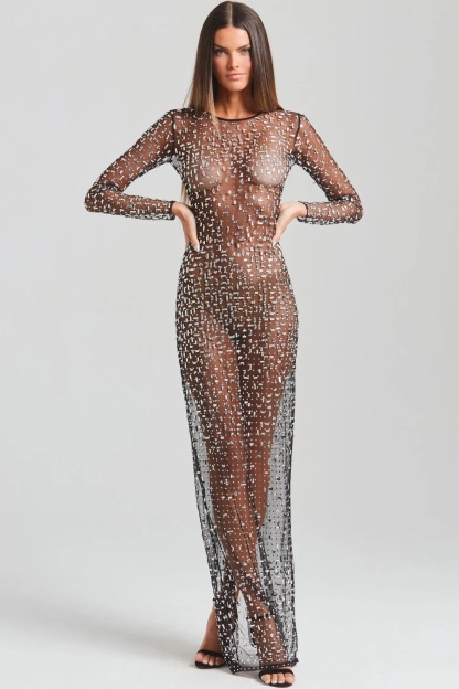 Rhinestone Long Sleeve Mesh Maxi Dress