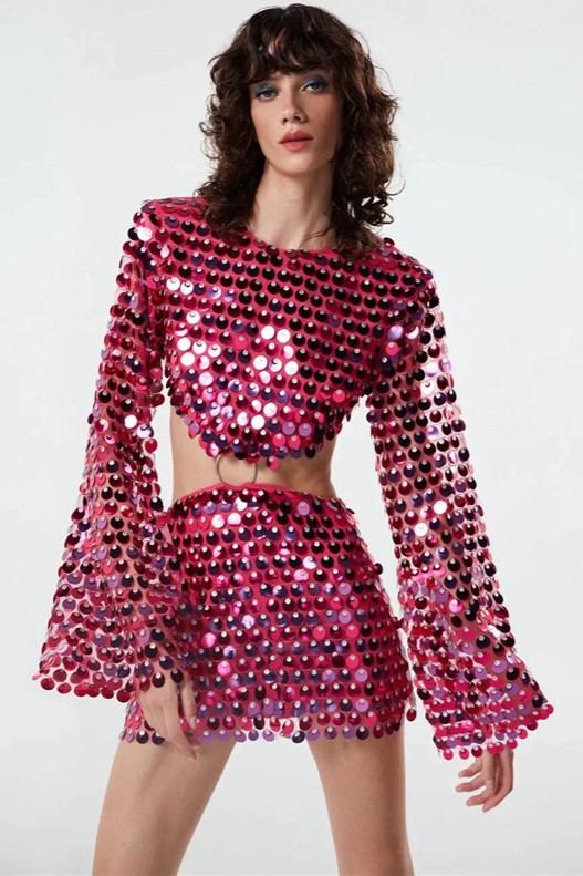 Sequin Round Neck Long Sleeve Mini Dress