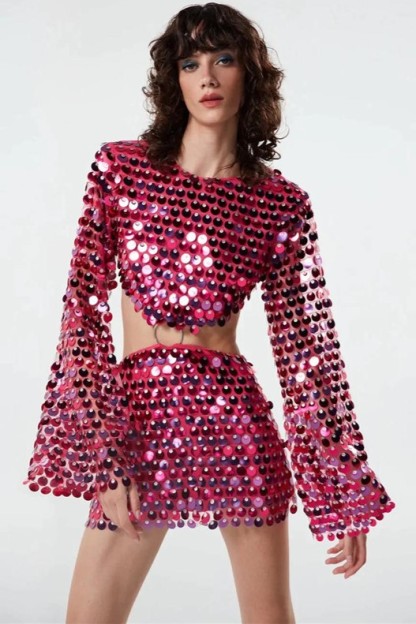 Sequin Round Neck Long Sleeve Mini Dress