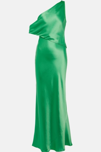 Satin Solid Asymmetrical Neck Maxi Dress