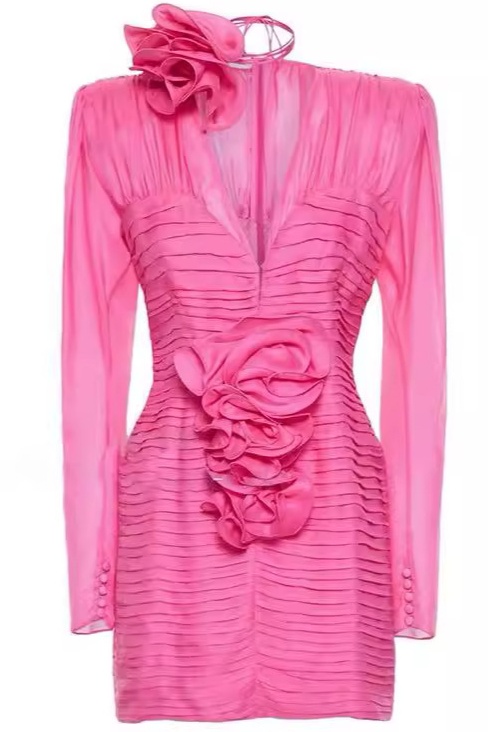 3D Floral Long Sleeves V-Neck Mini Dress