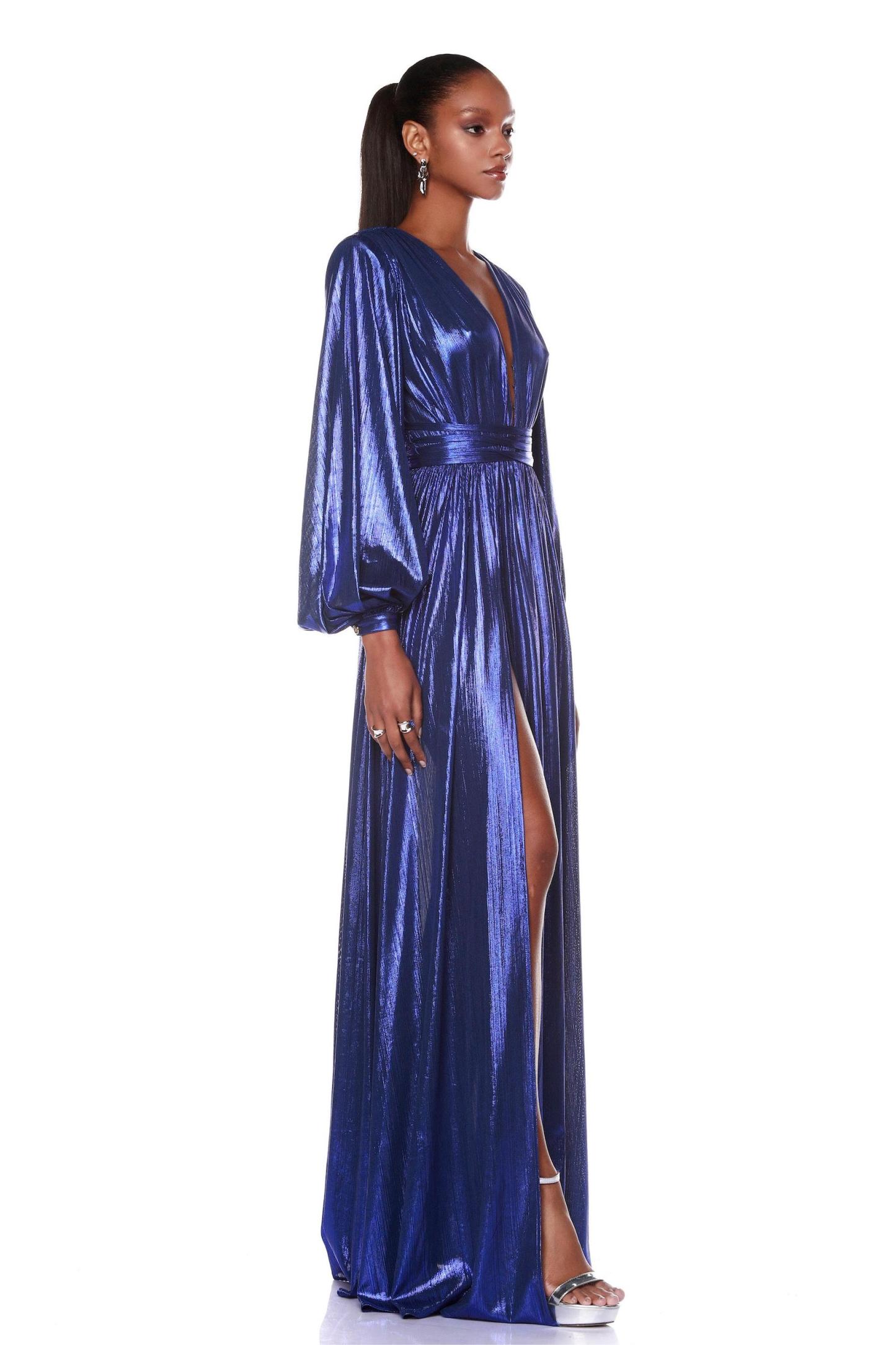 Satin V-Neck Lantern Sleeve Maxi Dress