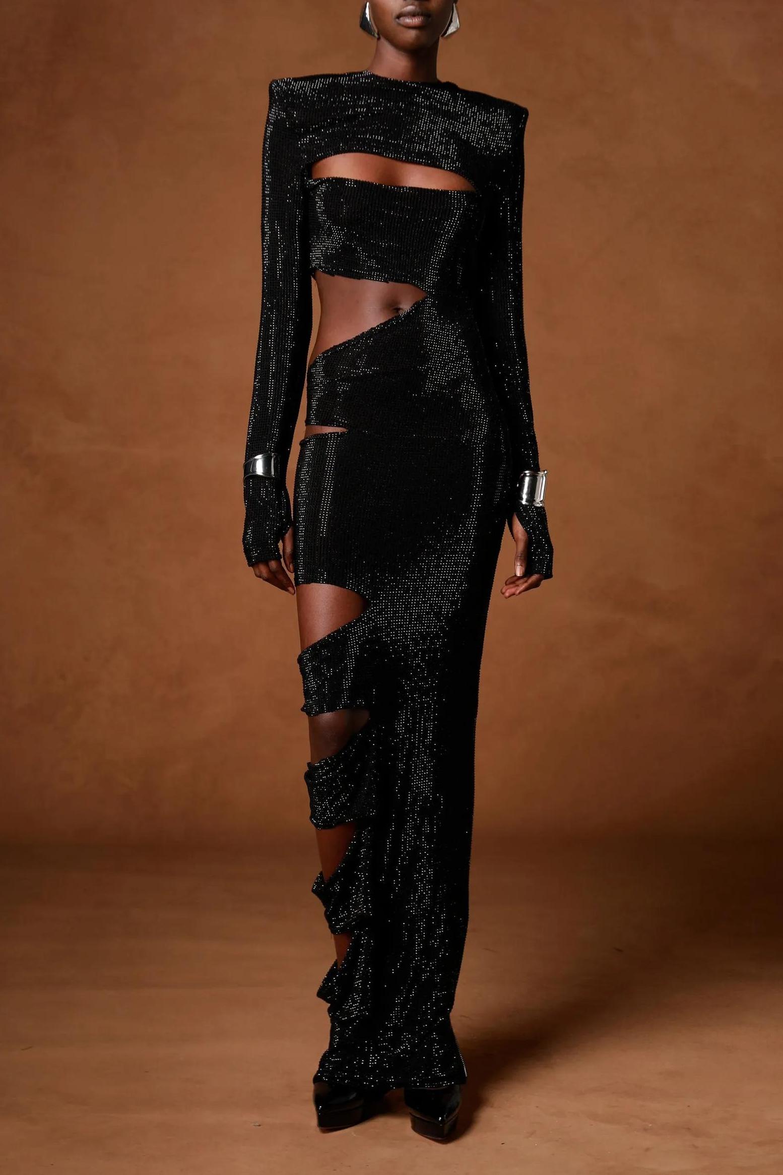 Rhinestone Cut-Out Long Sleeve Maxi Dress