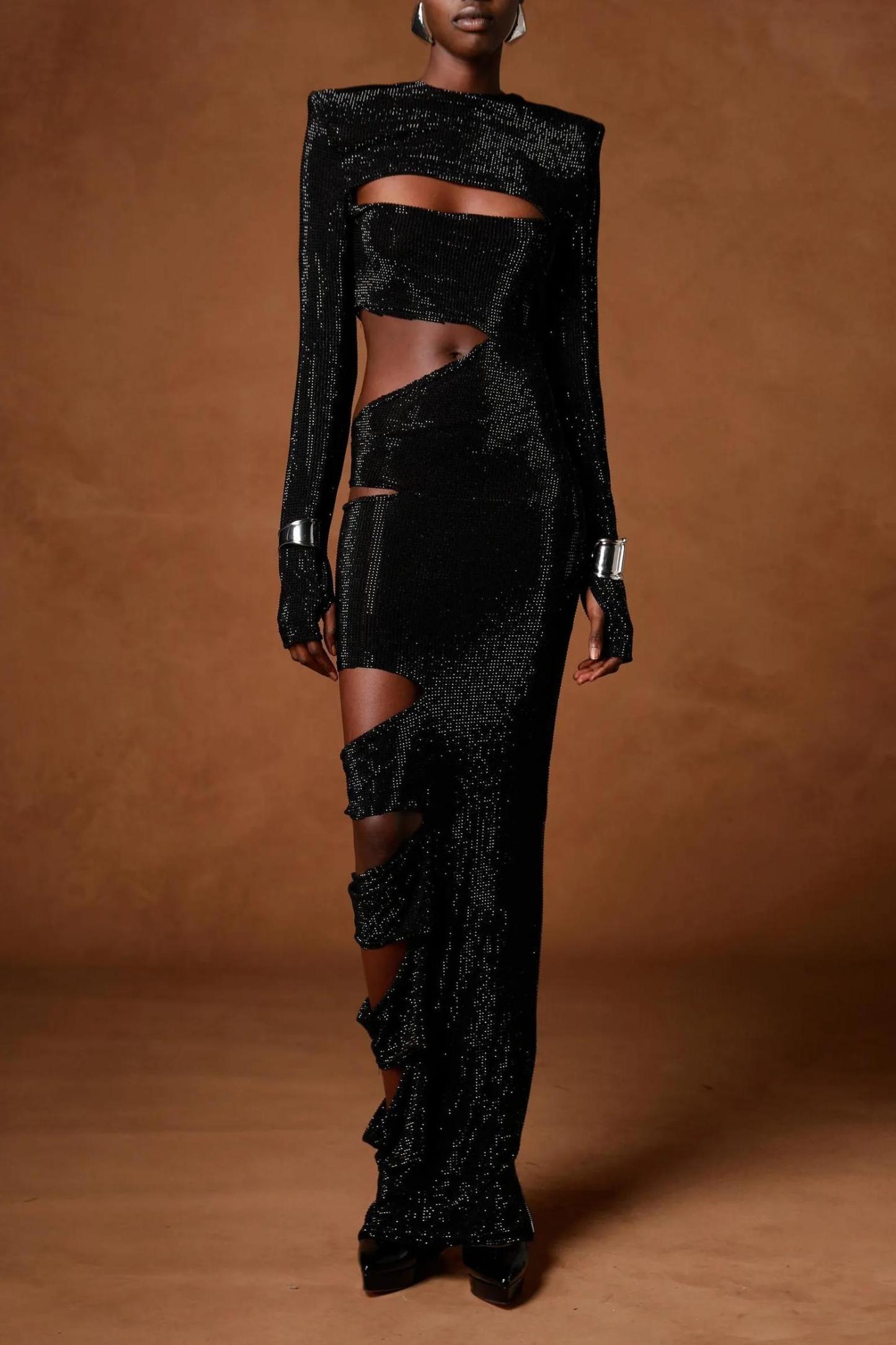 Rhinestone Cut-Out Long Sleeve Maxi Dress