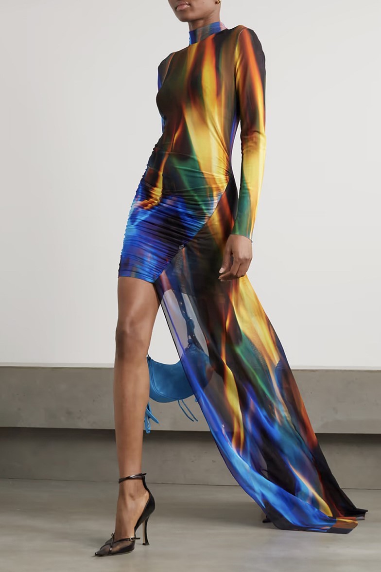Mesh Tie Dye High Neck Midi Dress