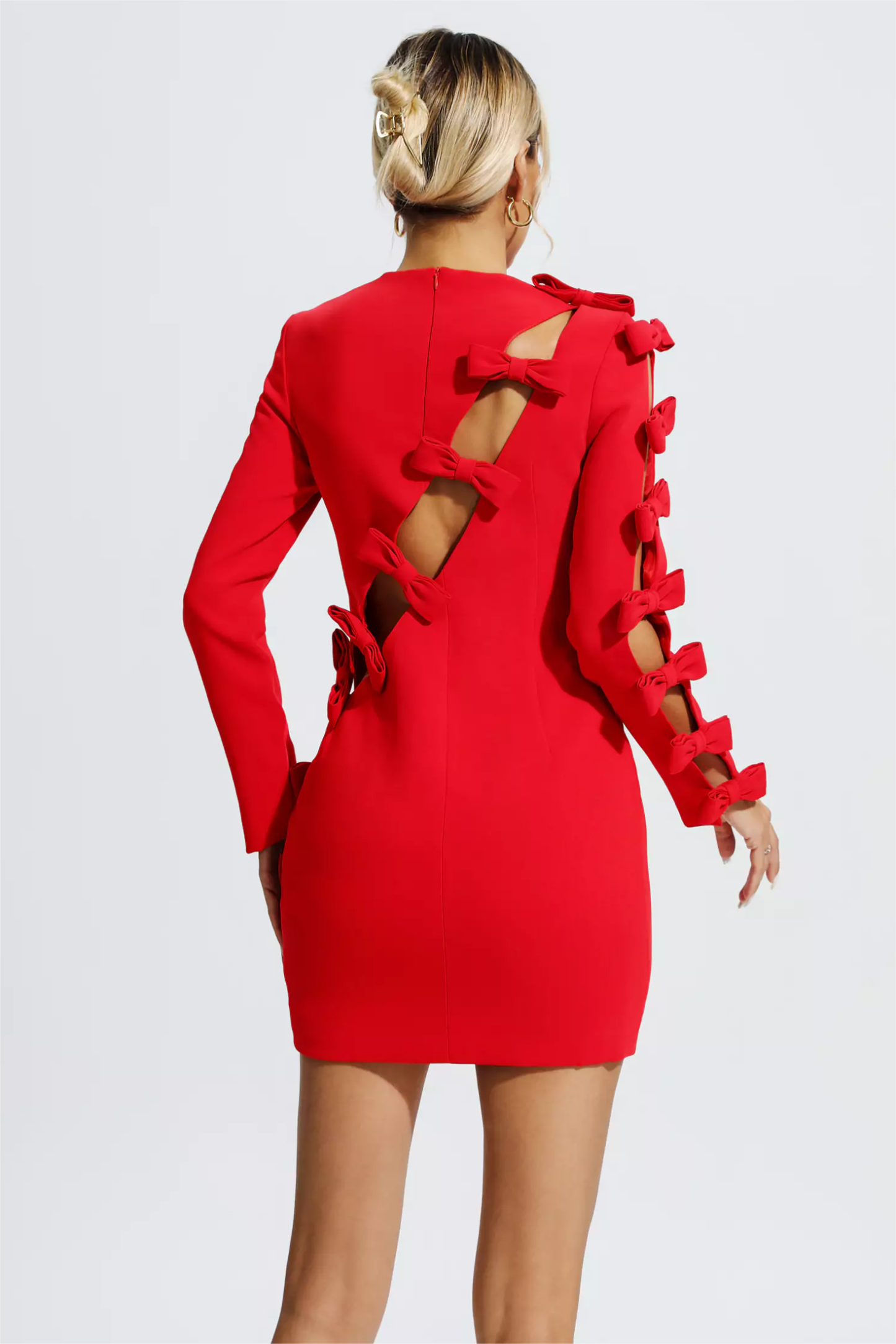 Bow Round Neckline Long Sleeves Mini Dress