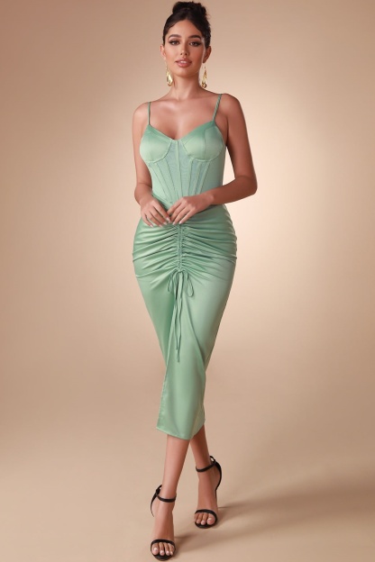 Satin Corset Shirring Split Midi Dress