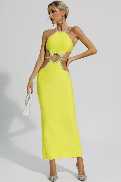 Rhinestone Cut-Out Halter Neck Maxi Dress