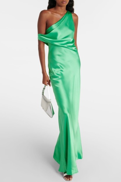 Satin Solid Asymmetrical Neck Maxi Dress