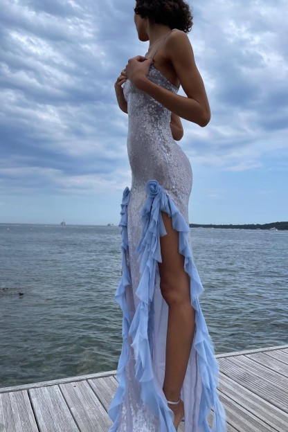 Sequin Backless Frill Split Maxi Dress
