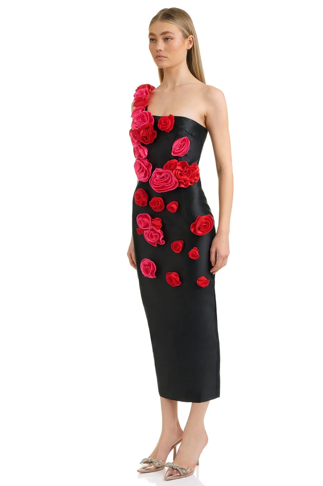 3D Floral Knit One-Shoulder Midi Dress