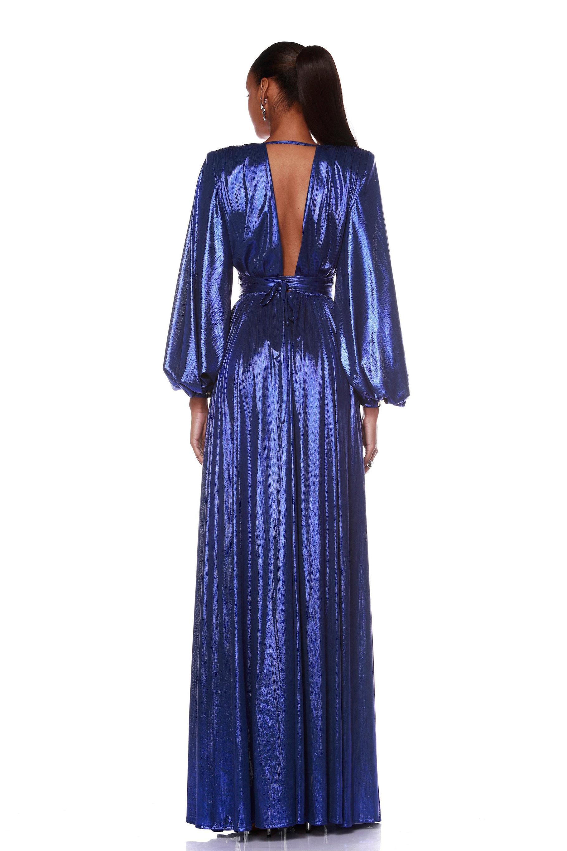 Satin V-Neck Lantern Sleeve Maxi Dress