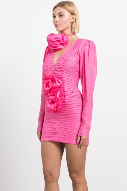 3D Floral Long Sleeves V-Neck Mini Dress