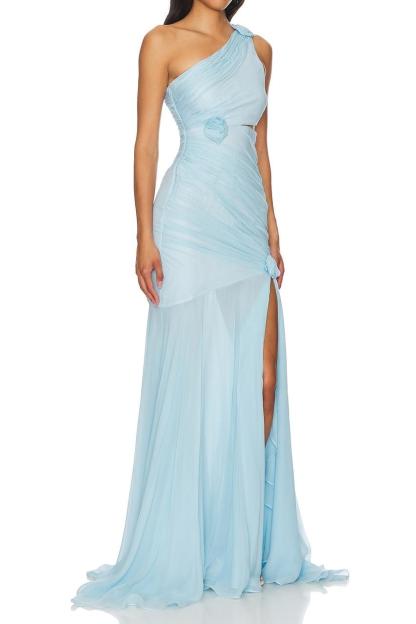 3D Flower Chiffon One Shoulder Maxi Dress