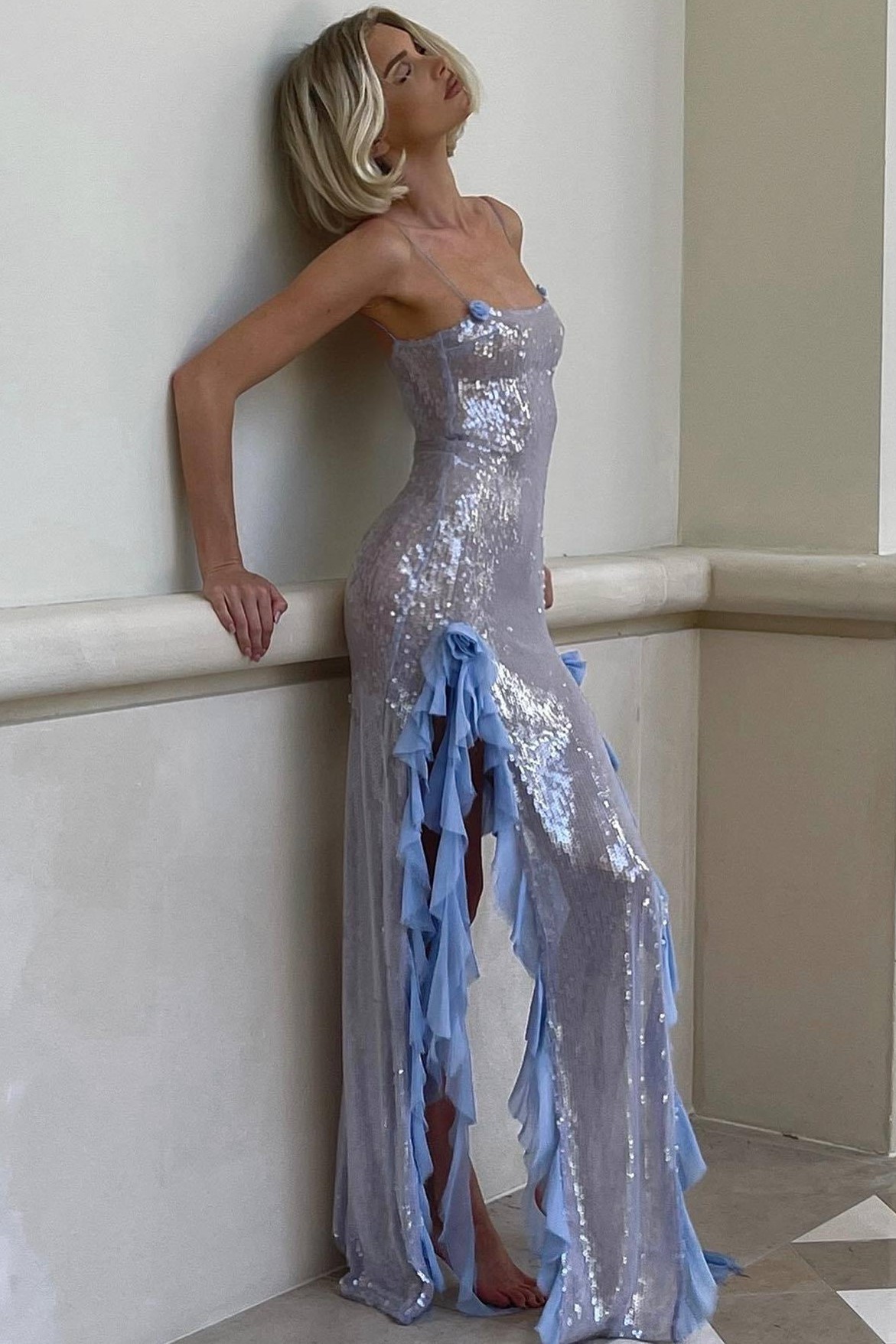 Sequin Backless Frill Split Maxi Dress